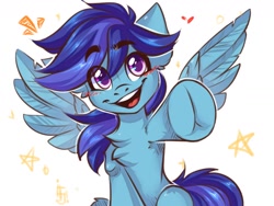 Size: 1600x1200 | Tagged: safe, artist:falafeljake, oc, oc only, pony, blushing, chest fluff, commission, frog (hoof), hoofbutt, looking at you, open mouth, open smile, simple background, smiling, smiling at you, solo, stars, underhoof, white background