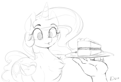 Size: 3072x2083 | Tagged: safe, artist:thelunarmoon, princess celestia, alicorn, pony, g4, cake, cakelestia, chest fluff, disembodied hand, eyes on the prize, female, food, grayscale, hand, high res, mare, monochrome, simple background, sketch, solo focus, that pony sure does love cakes, white background
