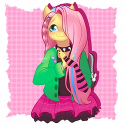 Size: 2048x2048 | Tagged: safe, artist:art_alanis, fluttershy, pegasus, anthro, dtiys emoflat, g4, backpack, choker, clothes, draw this in your style, evening gloves, female, fingerless elbow gloves, fingerless gloves, gloves, grin, hair over one eye, high res, jacket, long gloves, mare, passepartout, plaid skirt, simple background, skirt, smiling, solo, spiked choker, striped gloves, white background