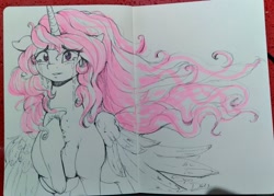 Size: 2048x1469 | Tagged: safe, artist:thelunarmoon, princess celestia, pony, g4, chest fluff, crying, sketch, solo, teary eyes, traditional art