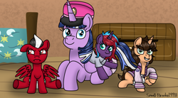 Size: 1002x553 | Tagged: safe, artist:small-brooke1998, oc, oc:charming dazz, oc:paddy sparkle, oc:small brooke, alicorn, pegasus, pony, unicorn, family photo, foal, picture frame, shatter (transformers), transformers