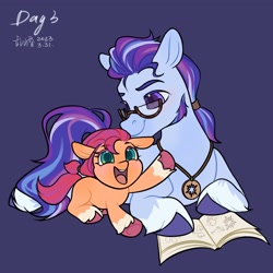 Size: 2048x2048 | Tagged: safe, alternate version, artist:luanshanhun, argyle starshine, sunny starscout, earth pony, pony, g5, blank flank, blue background, book, cute, duo, duo male and female, father and child, father and daughter, female, filly, filly sunny starscout, foal, glasses, high res, jewelry, male, open mouth, open smile, pendant, raised hoof, simple background, smiling, stallion, sunnybetes, younger