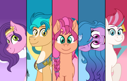 Size: 4150x2640 | Tagged: safe, artist:twinklesentrymlp0809, hitch trailblazer, izzy moonbow, pipp petals, sunny starscout, zipp storm, earth pony, pegasus, pony, unicorn, g5, cutie mark background, female, male, mane five, mare, stallion