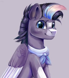 Size: 2400x2700 | Tagged: safe, artist:ske, oc, oc only, pegasus, pony, ascot, bust, coat markings, colored wings, colored wingtips, dappled, freckles, high res, simple background, smiling, socks (coat markings), solo, two toned wings, wings