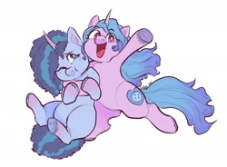 Size: 2048x1511 | Tagged: safe, artist:scribleygmrdood, izzy moonbow, misty brightdawn, pony, unicorn, g5, chubby, cute, duo, female, freckles, happy, hoof heart, izzybetes, mare, mistybetes, no neck, one eye closed, open mouth, open smile, simple background, smiling, underhoof, white background