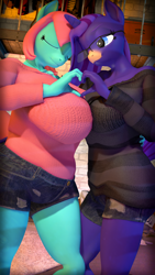 Size: 2160x3840 | Tagged: safe, artist:silkworm205, part of a set, oc, oc only, oc:empathy, oc:ruby blossom, earth pony, unicorn, anthro, 3d, anthro oc, asymmetrical docking, belly, big belly, big breasts, birthday gift, breasts, breasts touching, chest fluff, clothes, colored eyebrows, denim, denim shorts, duo, duo female, earth pony oc, eyes closed, female, freckles, glasses, heart hands, high res, horn, jumper, large butt, lesbian, looking at someone, matching outfits, oc x oc, reasonably sized breasts, revamped anthros, romantic, shipping, shorts, source filmmaker, unicorn oc