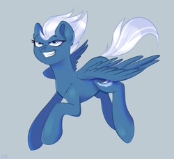 Size: 2400x2200 | Tagged: safe, artist:ske, night glider, pegasus, pony, g4, eyebrows, female, flying, furrowed brow, gray background, grin, high res, lip bite, mare, simple background, smiling, solo, spread wings, wings