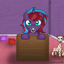 Size: 2161x2172 | Tagged: safe, artist:small-brooke1998, oc, oc:charming dazz, blocks, foal, high res, nursery, pacifier, sophie the toy giraffe