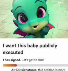 Size: 690x721 | Tagged: safe, edit, edited screencap, editor:countcoltnackh, screencap, sparky sparkeroni, dragon, g5, make your mark, my little pony: make your mark, spoiler:g5, :3, baby, baby dragon, cgi, change.org, cute, hasbro is trying to murder us, logo, looking at you, meme, netflix, netflix logo, open mouth, petition, solo, sparkybetes, wings