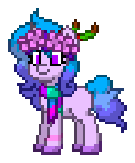 Size: 196x236 | Tagged: safe, izzy moonbow, pony, unicorn, pony town, g5, my little pony: make your mark, my little pony: make your mark chapter 3, winter wishday, spoiler:g5, spoiler:winter wishday, clothes, fake antlers, floral head wreath, flower, scarf, simple background, solo, transparent background