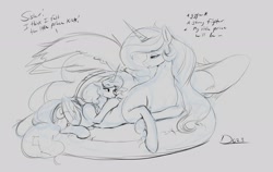 Size: 2368x1501 | Tagged: safe, artist:thelunarmoon, princess celestia, princess luna, alicorn, pony, g4, cushion, dialogue, female, mare, momlestia, preglestia, pregnant, royal sisters, siblings, sisters, size difference, sketch, spread wings, wholesome, wings