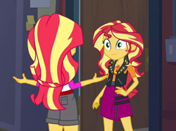 Size: 900x669 | Tagged: safe, edit, edited screencap, editor:biggernate91, screencap, sunset shimmer, human, fanfic:self-reconciliation, equestria girls, g4, bunset shimmer, butt, camp everfree outfits, duality, fanfic, fanfic art, fanfic cover, fimfiction.net link, geode of empathy, human sunset, magical geodes, sunset's apartment