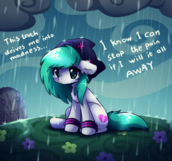 Size: 960x900 | Tagged: safe, artist:xxsilentprincessxx, oc, oc only, earth pony, pony, earth pony oc, evanescence, female, gravestone, hat, rain, sad, solo, song reference, teary eyes