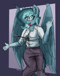 Size: 1611x2032 | Tagged: safe, artist:reddthebat, oc, oc only, oc:alaska (reddthebat), ghost, ghost pony, pegasus, anthro, arrow, blood, blouse, clothes, eyebrows, eyebrows visible through hair, female, injured, open mouth, open smile, passepartout, smiling, solo, this is fine