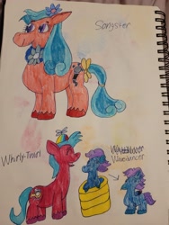 Size: 4032x3024 | Tagged: safe, artist:mintwhistle, derpibooru exclusive, baby wavedancer, baby whirly twirl, songster, wavedancer, earth pony, hippogriff, pony, sea pony, seapony (g4), g1, g5, baby, baby pony, baby sea ponies, baby seapony (g4), bow, collar, colored pencil drawing, colt, eyes closed, female, filly, fledgeling, flower, flower in hair, foal, g1 to g5, generation leap, happy, hat, male, mare, old art, open mouth, open smile, propeller hat, redesign, sketchbook, smiling, swimming pool, tail, tail band, tail bow, traditional art, trio, unshorn fetlocks