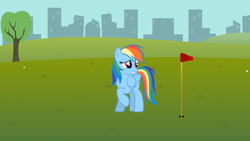 Size: 1280x721 | Tagged: safe, artist:agrol, rainbow dash, everypony plays sports games, g4, golf, golf ball, sports, tree