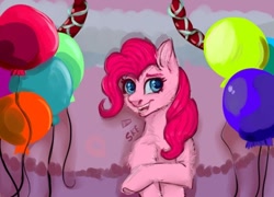 Size: 712x512 | Tagged: safe, artist:ske, pinkie pie, earth pony, pony, g4, balloon, chest fluff, looking at you, open mouth, open smile, smiling, solo