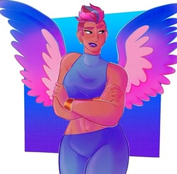 Size: 720x709 | Tagged: safe, artist:flacalarry, zipp storm, human, g5, abstract background, crossed arms, ear piercing, earring, humanized, jewelry, moderate dark skin, piercing, solo, tan skin, winged humanization, wings