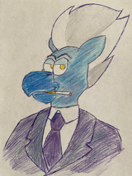 Size: 885x1174 | Tagged: safe, artist:rotgriff, sky beak, hippogriff, anthro, g4, beak, bust, cigarette, clothes, lidded eyes, looking at you, male, necktie, portrait, smiling, smirk, smoking, solo, suit, traditional art