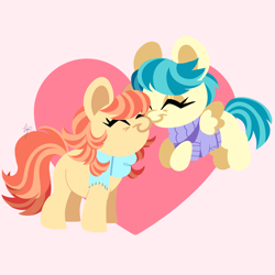 Size: 4100x4100 | Tagged: safe, artist:fizzlefer, aunt holiday, auntie lofty, earth pony, pegasus, pony, g4, boop, duo, eyes closed, female, heart, heart background, lesbian, mare, married couple, married life, noseboop, nuzzling, ship:lofty day, shipping, smiling