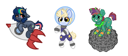 Size: 5512x2456 | Tagged: safe, artist:nootaz, oc, oc only, oc:deadmeat, oc:minnie static, oc:nootaz, pony, clothes, costume, rocket, simple background, spacesuit, transparent background, trio, x eyes
