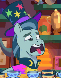Size: 351x447 | Tagged: safe, screencap, rufus, earth pony, pony, g5, my little pony: tell your tale, one trick pony (episode), spoiler:g5, spoiler:my little pony: tell your tale, spoiler:tyts01e20, animated, cropped, cup, hat, male, open mouth, stallion, teacup, tongue out, top hat