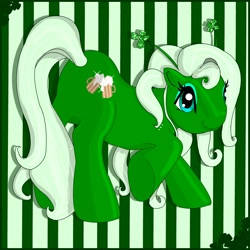 Size: 2000x1998 | Tagged: safe, artist:noelle23, oc, oc only, earth pony, pony, g3, alcohol, ass up, beer, butt, clover, eyeshadow, female, four leaf clover, holiday, makeup, mare, plot, raised hoof, rear view, saint patrick's day, smiling, solo, underhoof
