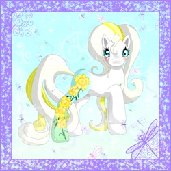 Size: 2000x2000 | Tagged: safe, artist:noelle23, oc, oc only, dragonfly, earth pony, insect, pony, g3, blushing, female, high res, looking at you, mare, raised hoof, solo, spring