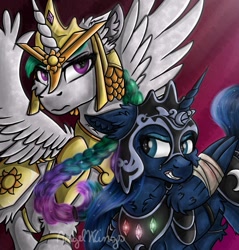 Size: 1133x1186 | Tagged: safe, artist:angelwingsmlpfim, princess celestia, princess luna, alicorn, pony, g4, alternate hairstyle, angry, armor, bandage, braid, braided ponytail, duo, female, helmet, mare, ponytail, royal sisters, scowl, siblings, signature, sisters, warrior, warrior celestia, warrior luna