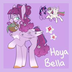 Size: 2000x2000 | Tagged: safe, artist:orionofthestars, blossomforth, twilight sparkle, oc, oc:hoya bella, alicorn, pegasus, pony, g4, aqua eyes, basket, beauty mark, blue eyes, body markings, colored hooves, colored wings, female, flower, flower basket, flower in hair, flower in tail, flying, folded wings, glasses, gradient hair, gradient legs, gradient mane, gradient tail, gradient wings, high res, lavender background, looking at each other, looking at someone, magical lesbian spawn, mare, offspring, parent:blossomforth, parent:twilight sparkle, parents:twiforth, pegasus oc, purple background, purple eyes, raised hoof, round glasses, simple background, spread wings, standing, tail, trio, twiforth, twilight sparkle (alicorn), wings