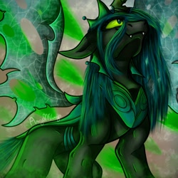 Size: 1808x1808 | Tagged: safe, artist:angelwingsmlpfim, queen chrysalis, changeling, changeling queen, g4, fangs, perspective, signature, smiling, solo, spread wings, ultimate chrysalis, wings