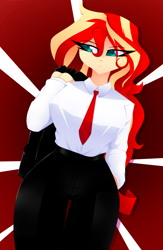 Size: 1300x2000 | Tagged: safe, artist:xan-gelx, sunset shimmer, human, equestria girls, g4, abstract background, breasts, busty sunset shimmer, button-up shirt, clothes, dress shirt, eye clipping through hair, female, necktie, office lady, pants, shirt, solo, uniform