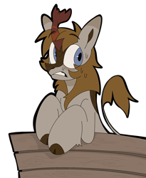 Size: 1620x1977 | Tagged: safe, artist:beetlebonez, oc, oc only, oc:raspberry spark, kirin, bench, blue eyes, brown coat, brown mane, cloven hooves, gritted teeth, kirin oc, looking away, male, nervous, simple background, solo, sweat, sweating profusely, teeth, transparent background