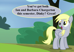 Size: 896x640 | Tagged: safe, edit, edited screencap, editor:korora, screencap, derpy hooves, g4, rock solid friendship, cropped, cute, derpabetes, doctor who, flipped image, implied dinky, speech bubble