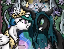 Size: 939x720 | Tagged: safe, artist:angelwingsmlpfim, princess celestia, queen chrysalis, alicorn, changeling, changeling queen, pony, a canterlot wedding, g4, angry, clash, crossed horns, duo, female, horn, horns are touching, mare, scene interpretation, scowl, serious, serious face, signature
