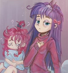 Size: 1953x2100 | Tagged: safe, artist:krista-21, boulder (g4), maud pie, pinkie pie, human, g4, bags under eyes, blank eyes, bow, clothes, female, hair bow, humanized, looking at you, messy hair, pillow, question mark, siblings, sisters, sweater