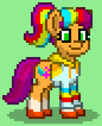 Size: 516x636 | Tagged: safe, sunny starscout, earth pony, pony, pony town, g5, clothes, green background, hoodie, mane stripe sunny, simple background, solo