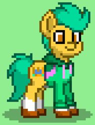 Size: 492x648 | Tagged: safe, hitch trailblazer, earth pony, pony, pony town, g5, clothes, green background, hoodie, male, simple background, solo, stallion