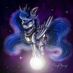 Size: 1024x1024 | Tagged: safe, artist:angelwingsmlpfim, princess luna, pony, unicorn, g4, :p, female, mare, moon, one eye closed, signature, solo, space, tangible heavenly object, tongue out, wink