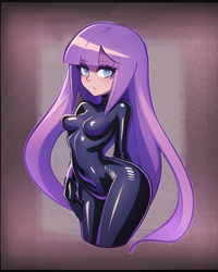 Size: 512x640 | Tagged: safe, anonymous artist, derpibooru exclusive, maud pie, human, g4, alternate hairstyle, eye clipping through hair, eyebrows, eyebrows visible through hair, female, humanized, latex, latex suit, long hair, looking at you, simple background, solo