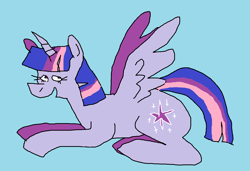 Size: 1296x886 | Tagged: safe, artist:msponies, twilight sparkle, alicorn, pony, g4, blue background, cyan background, female, lying down, mare, ms paint, open mouth, open smile, prone, simple background, smiling, solo, spread wings, tail, twilight sparkle (alicorn), wings