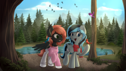 Size: 5120x2880 | Tagged: safe, artist:av-4, artist:avastin4, oc, oc only, oc:joanna, oc:luny, bird, pegasus, pony, clothes, duo, flower, flower in mouth, forest, high res, lake, mouth hold, open mouth, open smile, pants, scarf, scenery, smiling, sweater, water