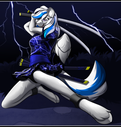 Size: 2926x3060 | Tagged: safe, artist:tales foxdale, oc, oc:lady lightning strike, pegasus, anthro, commission, cuffs, high res, lightning, solo, sword, weapon, ych result