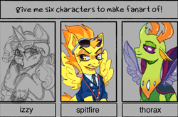 Size: 749x491 | Tagged: safe, artist:beetlebonez, derpibooru exclusive, izzy moonbow, spitfire, thorax, changedling, changeling, pegasus, pony, unicorn, g4, g5, my little pony: a new generation, angry, art meme, bust, clothes, insect wings, king thorax, looking at you, looking up, necktie, scowl, simple background, six fanarts, sketch, smiling, smiling at you, spitfire's tie, spread wings, uniform, wings, wip, wonderbolts dress uniform