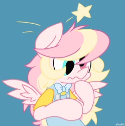 Size: 2039x2048 | Tagged: safe, artist:derpyalex2, oc, oc only, oc:ninny, pegasus, pony, semi-anthro, arm hooves, bow, clothes, cute, doink, female, high res, mare, overalls, scrunchy face, solo, stars