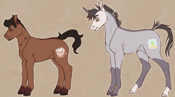 Size: 924x515 | Tagged: safe, artist:knifebun, oc, oc only, oc:chemical burn, oc:espresso, earth pony, pony, unicorn, curved horn, duo, horn, male, nudity, sheath, simple background, stallion