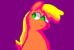 Size: 1296x886 | Tagged: safe, artist:msponies, applejack, earth pony, pony, g4, bust, female, freckles, looking sideways, mare, ms paint, purple background, simple background, solo