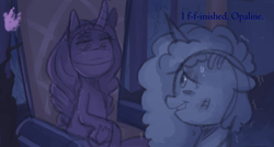 Size: 1336x714 | Tagged: safe, anonymous artist, misty brightdawn, opaline arcana, alicorn, pony, unicorn, series:misty pov, g5, spoiler:g5, bruised, curved horn, dialogue, female, floppy ears, horn, jewelry, mare, necklace, sweat, this will end in tears, this will not end well