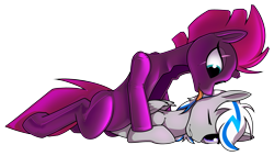 Size: 5029x2852 | Tagged: safe, artist:dacaoo, tempest shadow, oc, oc:lady lightning strike, pegasus, pony, unicorn, g4, duo, latex, living clothes, living suit, simple background, transparent background