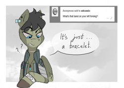 Size: 1280x913 | Tagged: safe, artist:thevixvix, oc, oc only, oc:cassio, pegasus, pony, ask, bandage, bracelet, jewelry, male, necklace, solo, stallion, tumblr